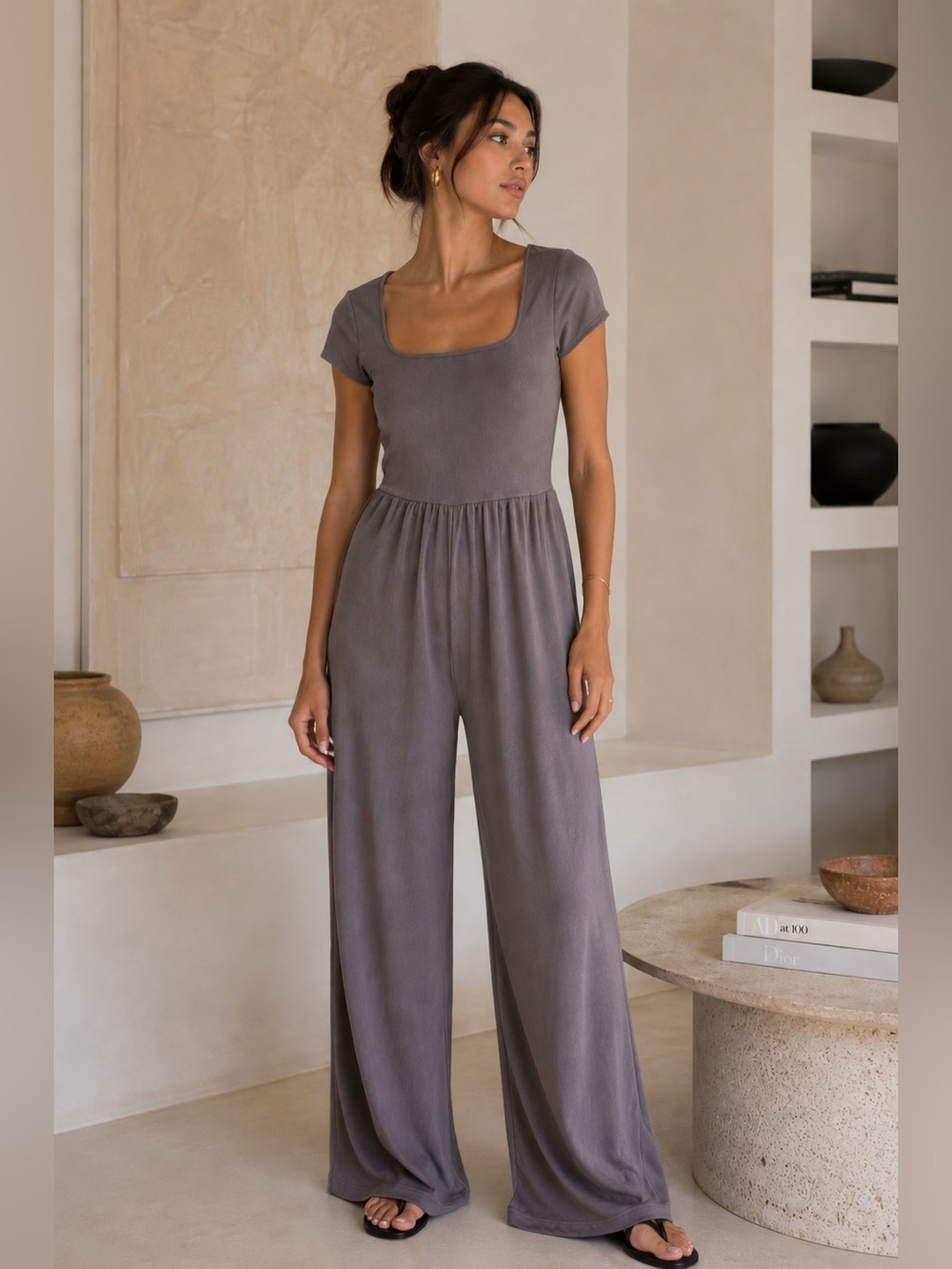 Cider Ribbed Wide Leg Jumpsuit XL Purple Grey Square Neck Lounge Romper